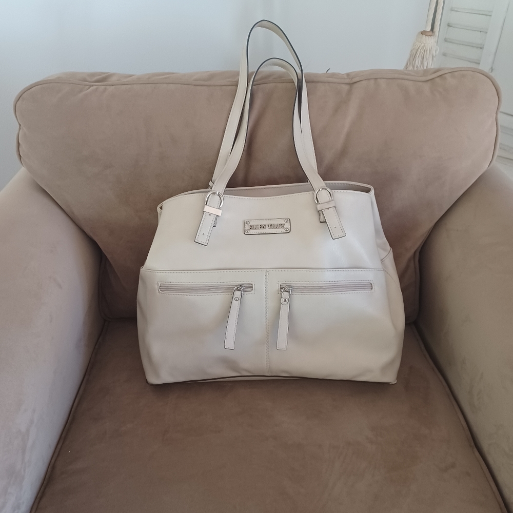 Ellen Tracy Tote Vegan Cream Office Work bag Oversize large Neutral Purse